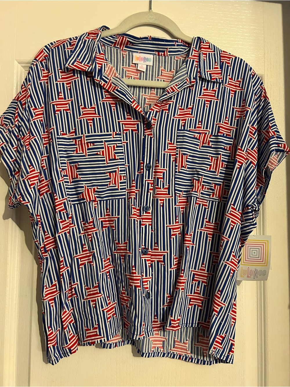 LuLaRoe Amy Button Shirt - Patriotic Red, White & Blue Star Stripe